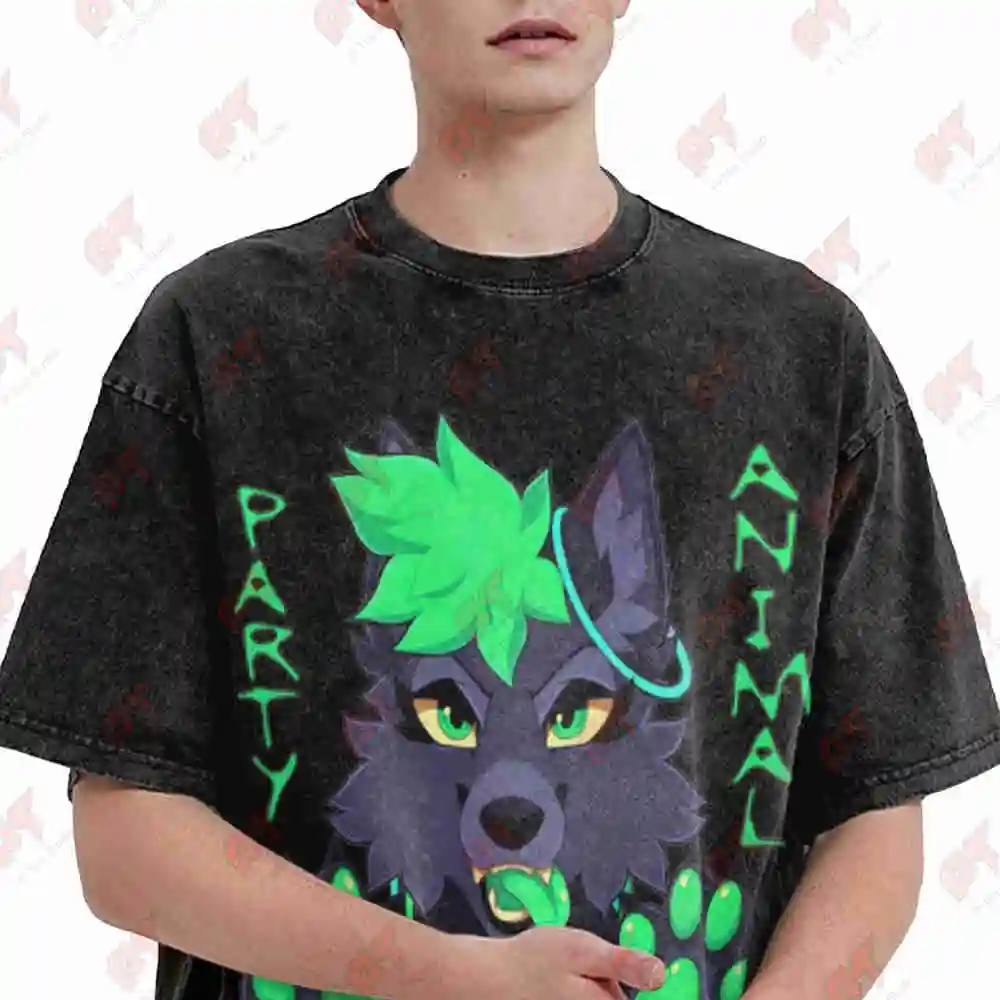 Party Animal Furry Fandom Green Wolf Vintage Washed Tee Pure Cotton T-Shirt