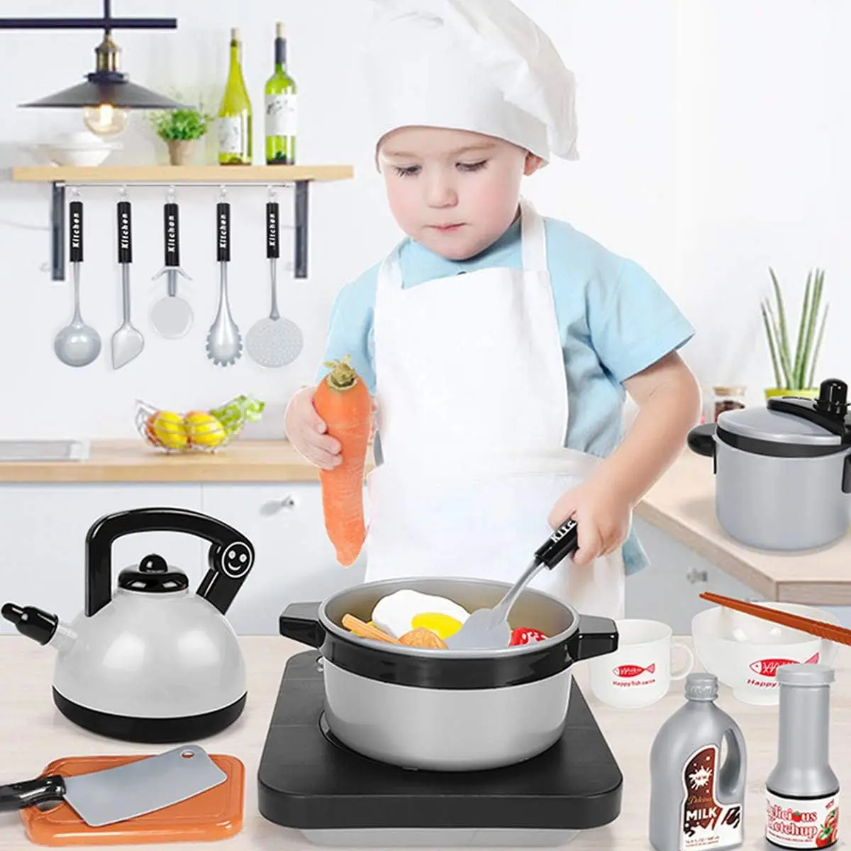Kinderküchen-Spielzeug-Set für Kleinkinder, vorgeben, Grillen, Camping, Kochen, Spielset, Topf, Pfannen, Utensilien, Kochgeschirr, Spielen, Essen, Geburtstagsgeschenk für Mädchen und Jungen