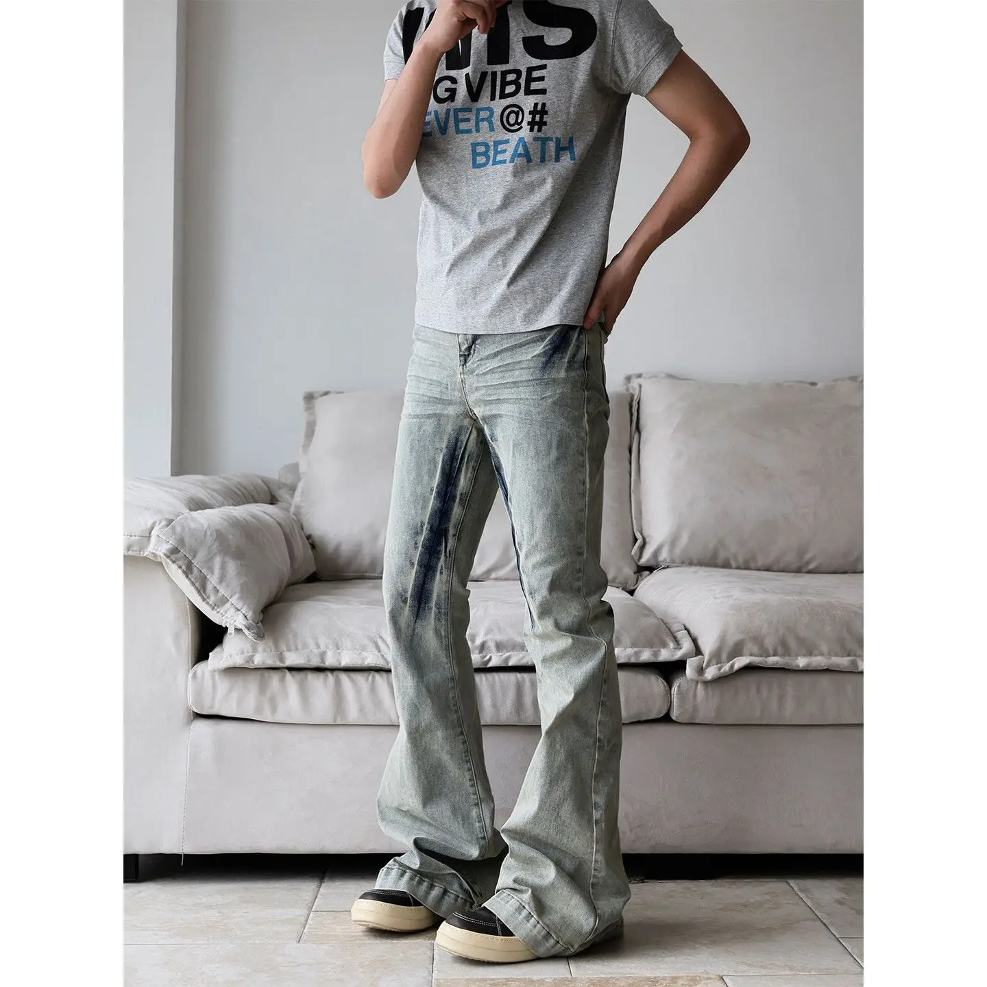 Men's Retro Micro Flared Jeans Casual Pants Fashion Unisex Streetwear Street Boy Straight Sweatpants Male Wide Legs Trousers