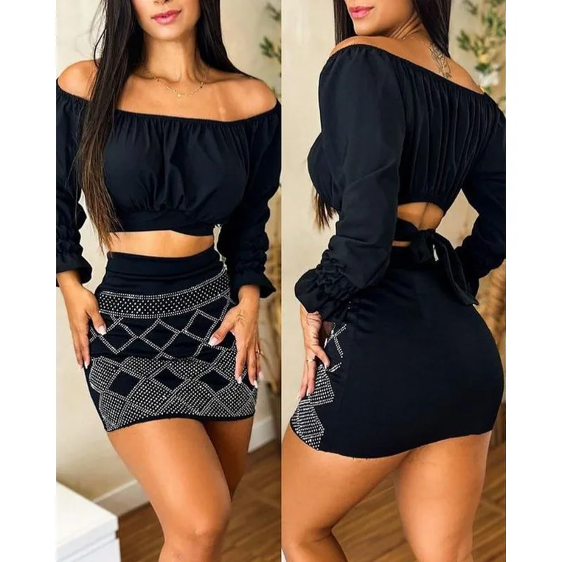 2024 Spring Summer New Women's Clothing Solid Color Lantern Sleeve off-Shoulder Top Hot Rhinestone Mid-Length Dress Set Fashion