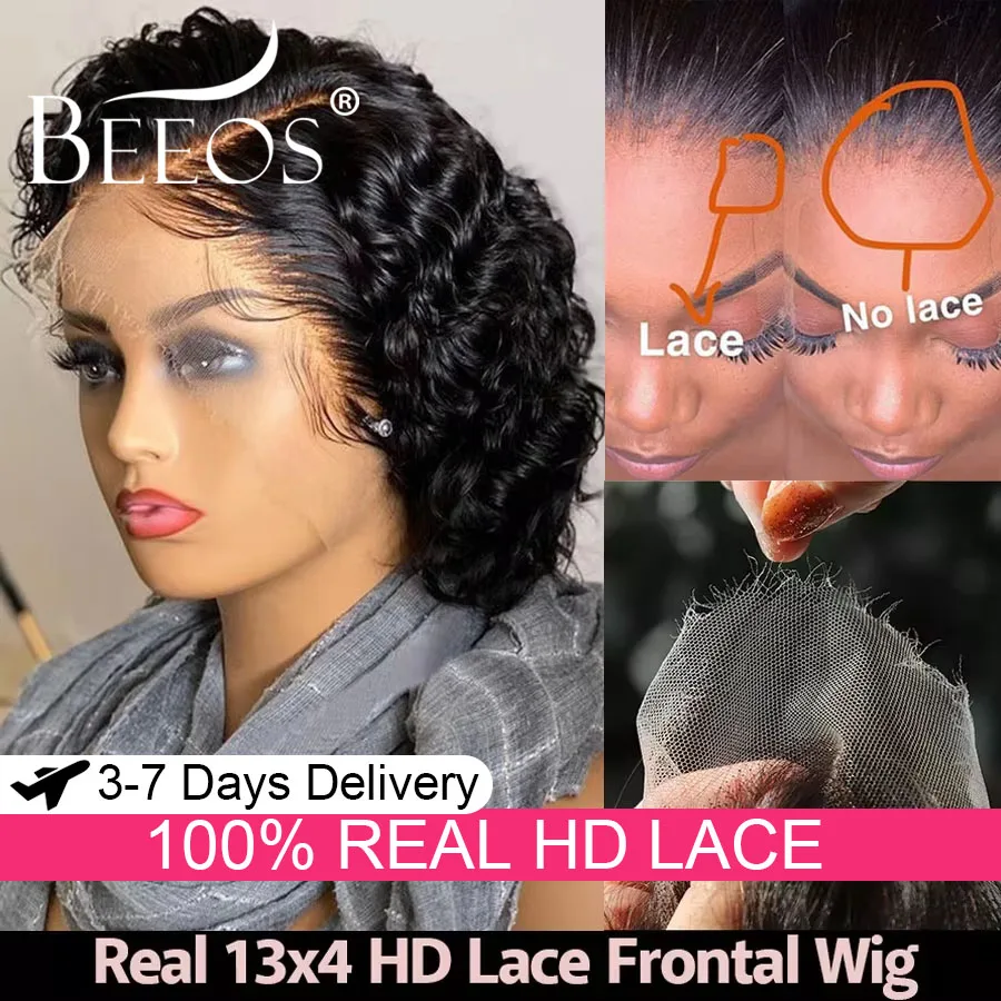 

HD Curly Short Pixie Cut Human Hair Wig 13x4 HD Lace Frontal Wig Pre plucked Melt Skin HD Transparent Lace Wig For Black Women
