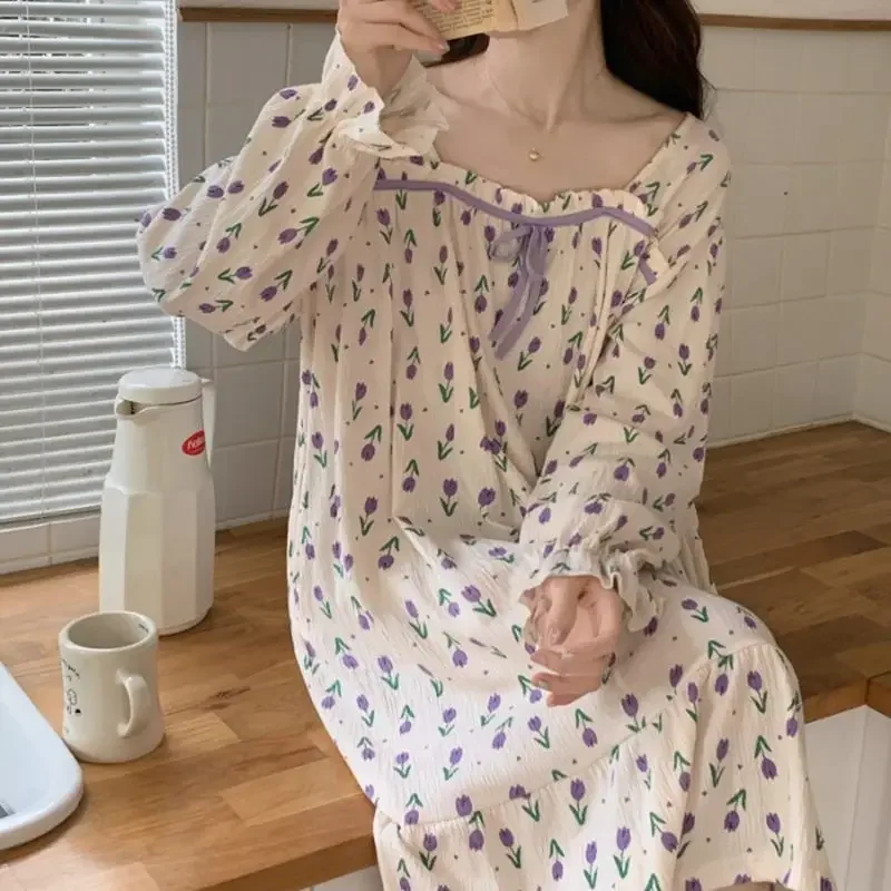 Chemise de nuit en coton à manches longues pour femmes avec coussinets de poitrine, chemise de nuit de relaxation, vêtements de maison, imprimé floral doux, style princesse, printemps