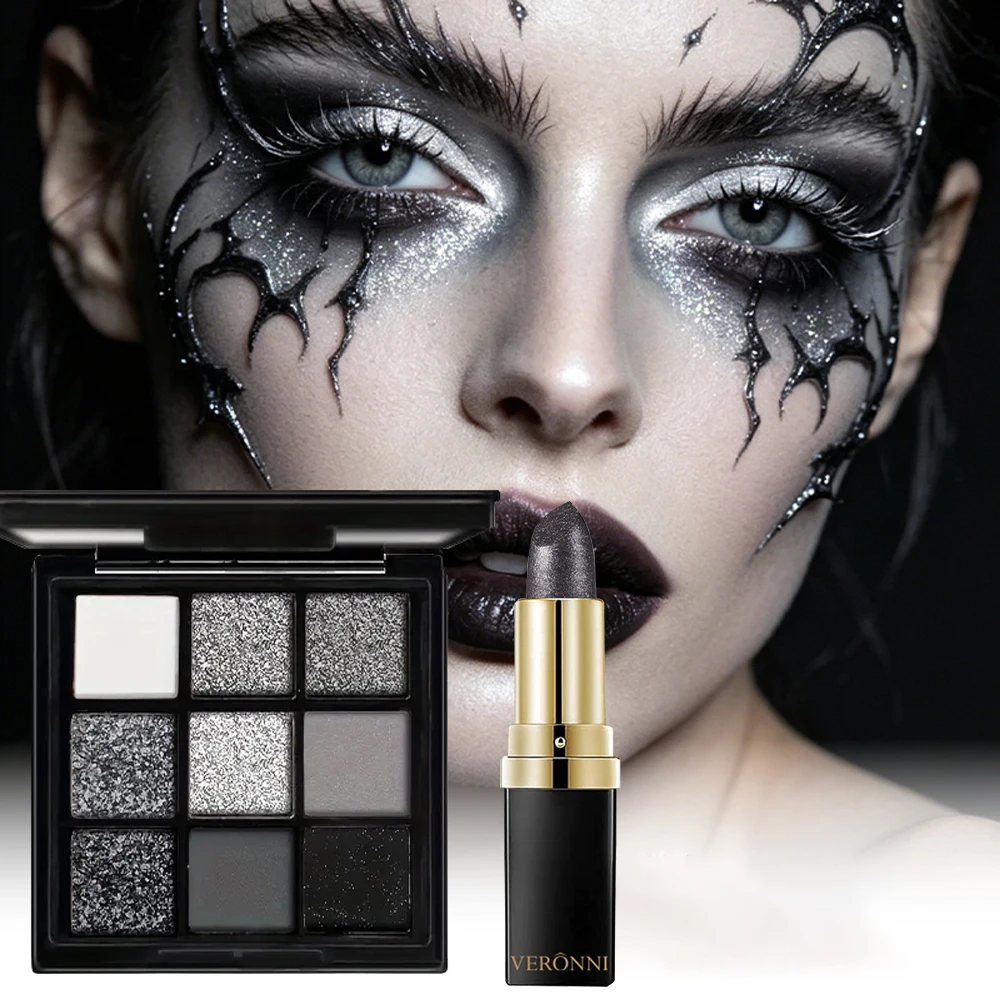 Halloween Gothic Makeup Set, Jet‑Black Eyeshadow & Matte Black Lipstick Waterproof Long‑wear for Witch Vampire Cosplay Party
