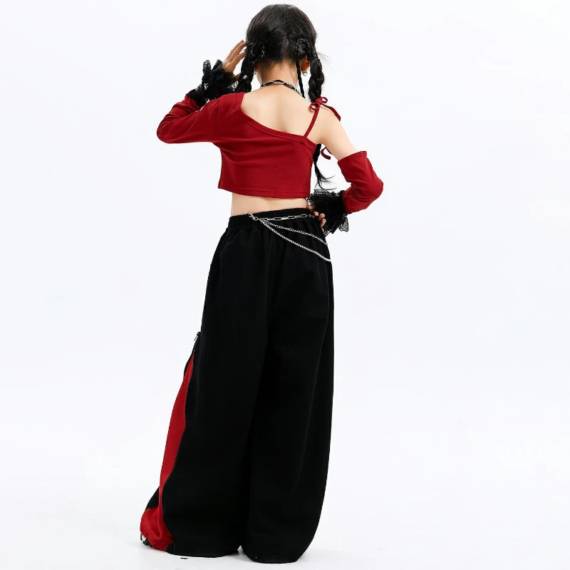 Mädchen Hip Hop Street Dance Kleidung Set Mode Rot Eine Schulter Crop Top T Shirt Baggy Hosen Outfits Gruppe Jazz Dance Kostüme