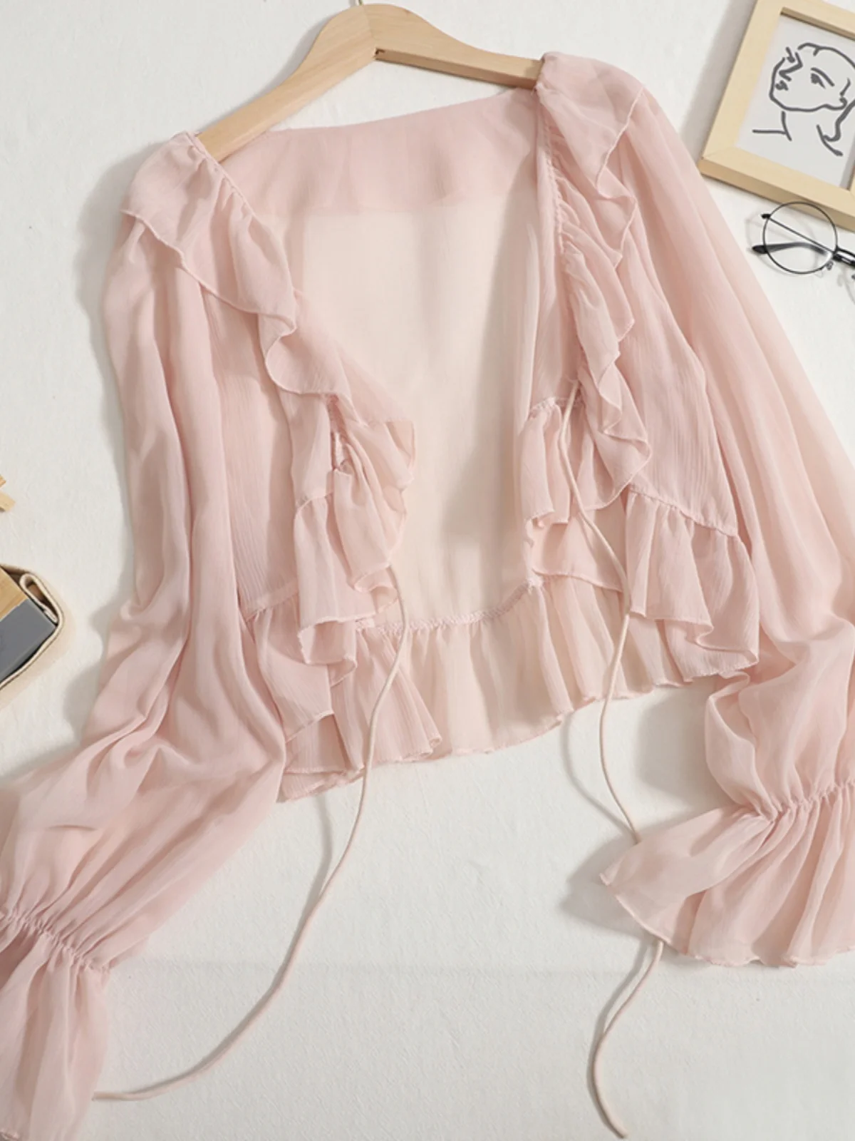 Women's Summer New Style Sun Protection Shirt Chiffon Bell Sleeve Tie Waist Open Cardigan Fairy Shawl Short Outerwear