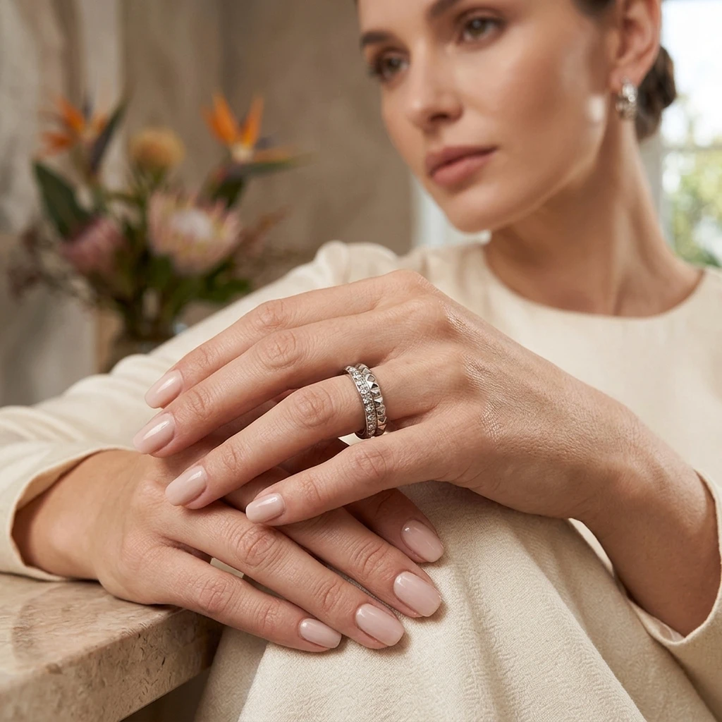 Damen Luxus Zahnradring Edelstahl 18K Vergoldeter Ewigkeitsring mit Zirkonia Modeschmuck Accessoires – Detail 8