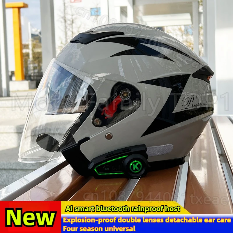Electric motorcycle double mirror smart bluetooth helmet four seasons unisex sun protection three quarters rider helmet 55-61cm