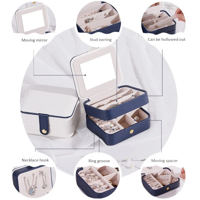 

Portable Travel Multi-Layer Storage Box PU Jewelry Earrings Bracelets Ornaments Jewelry Box Dark Blue