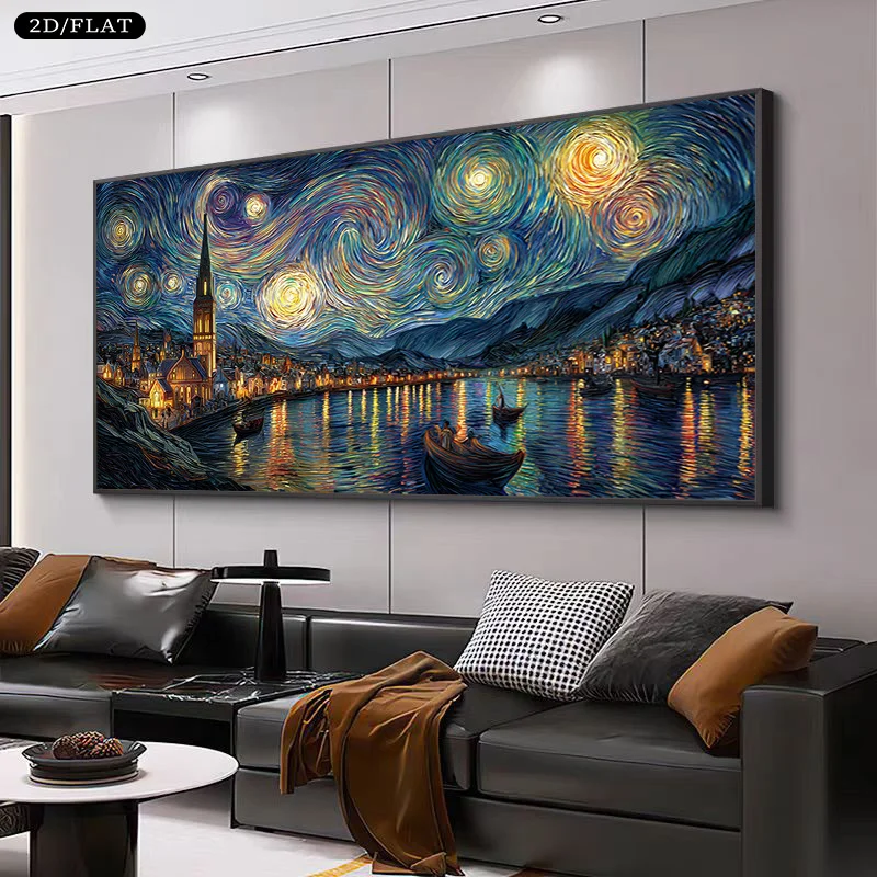 2D/Flat Large Van Gogh Abstract Starry Night Canvas Wall Art - Frameless Swirling Night Sky Canvas Prints for Living Room Decor