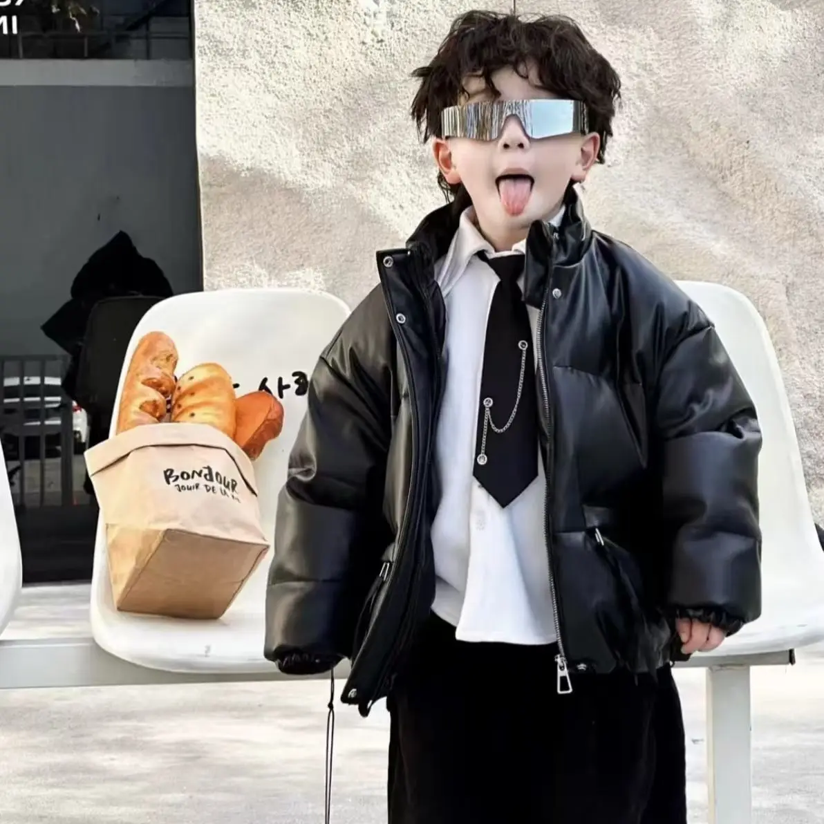 

2025 New Korean Fashion Boys Leather-Trimmed Padded Jacket Soild Color Winter Coat with Cotton Lining Outerwear 2-8Y