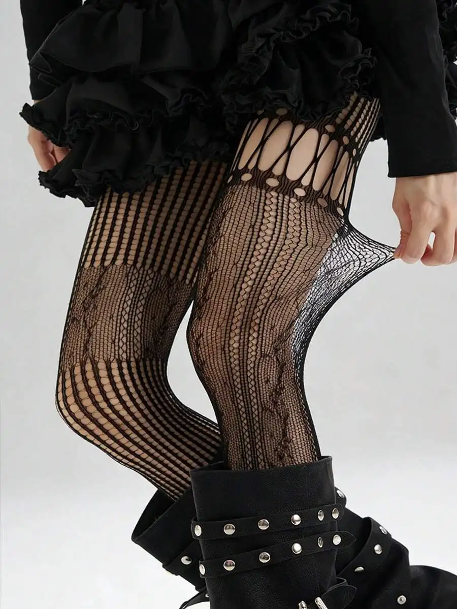 TAR RIVER 1 Pair Fashion Sexy Hollow Out Black Fishnet Tights, Minimalist Sexy Style Pantyhose, Vintage American Distressed Goth