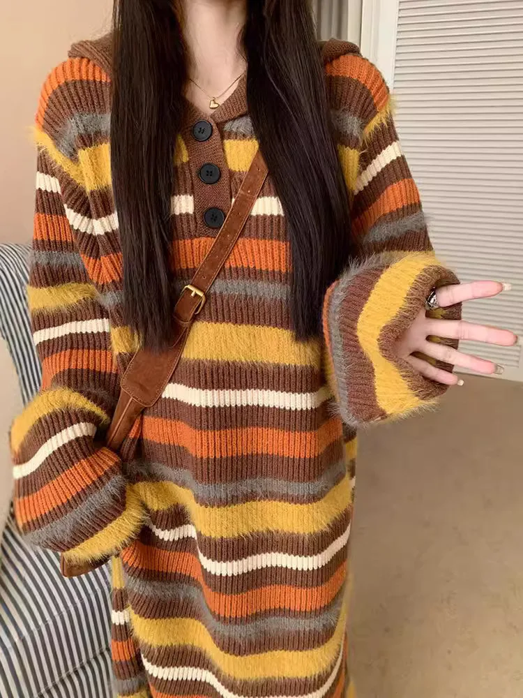 الخريف الشتاء خمر فستان طويل مخطط الألوان المتناقضة الملابس النسائية عادية فضفاض مقنعين زر مستقيم محبوك فساتين