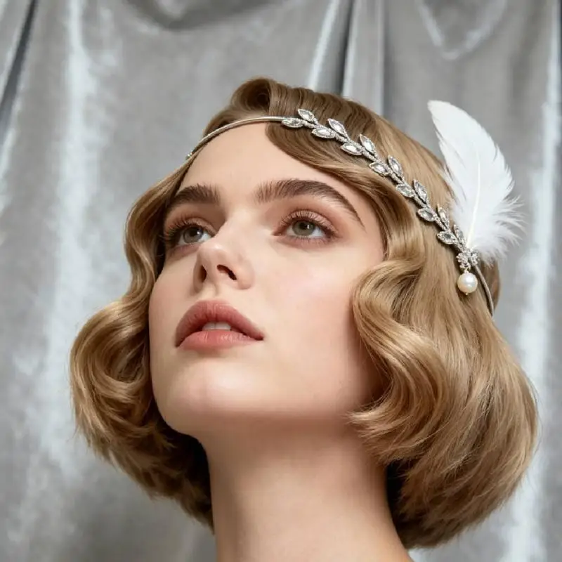 Retro-Feder-Stirnband mit Strass-Blatt-Kopfschmuck für Tanzpartys, vielseitiges Accessoire für Männer und Frauen – Detail 2