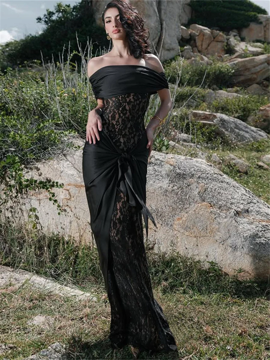 WEIRD PUSS dentelle enchanteresse transparente une épaule Dr femmes ceinturée Sexy longue Dr tendance Polyester Spandex mélange