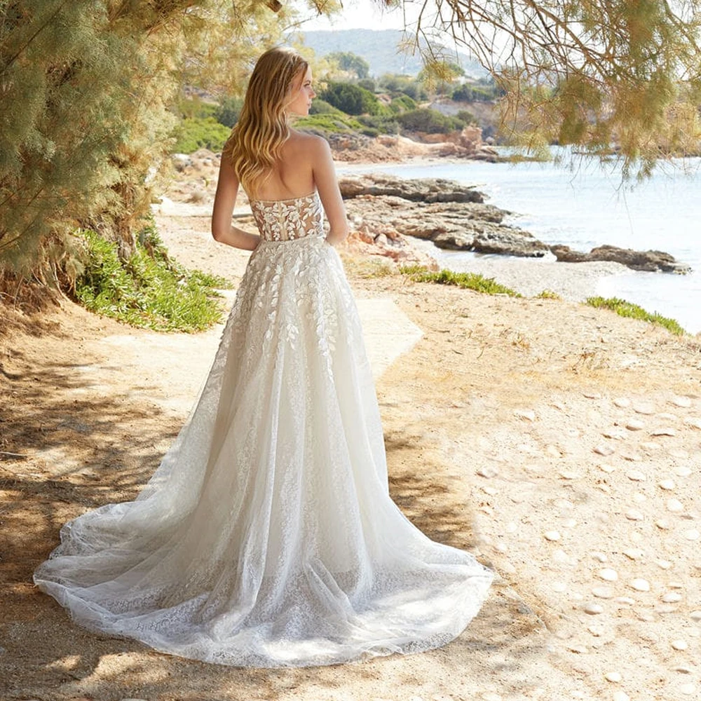 Gaun Pengantin Lengan Bahu Terbuka Kustom Gaun Pengantin Tanpa Tali A Line Gaun Pengantin Applique Renda Ritsleting Belakang Gaun Pengantin Baru