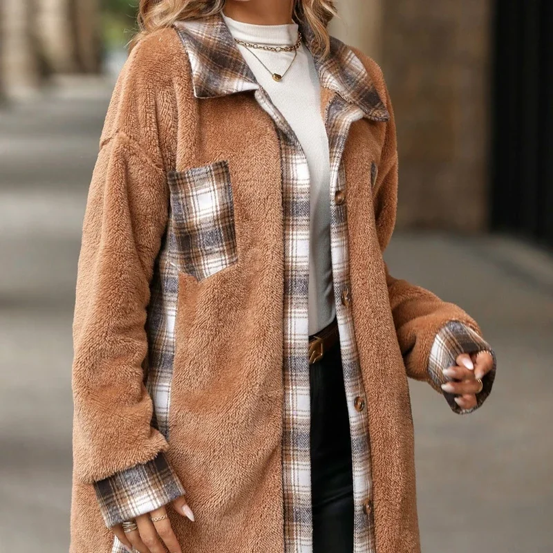 Women's Clothing Autumn and Winter New Single-breasted Lapel Medium and Long Plaid Plush Jacket