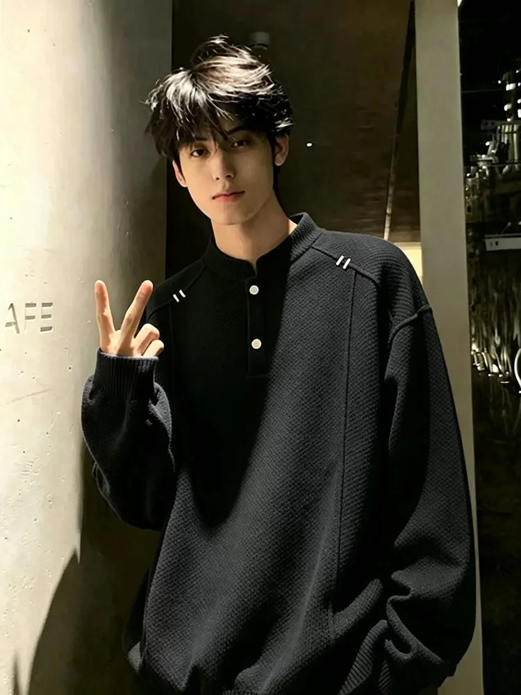 American Style Long Sleeve T-Shirt Men's Spring Autumn Henry Collar Design Casual Sweatshirt Harajuku Style Sports Leisure Top