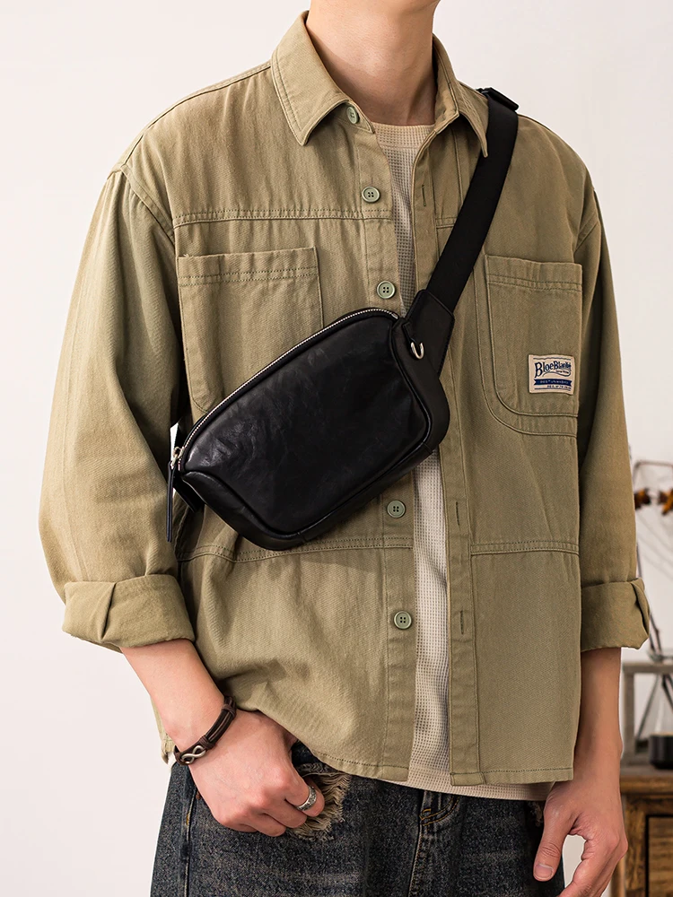 Organizers designers handmade vegetable tanned cowhide men's small chest bag simple casual cow leather sports black chest bag