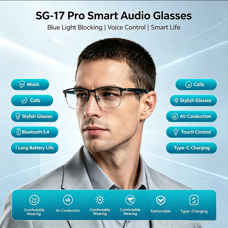 SG‑17 Pro Wireless Bluetooth Smart Audio Glasses Air Conduction Hands‑Free Call AI Voice Assistant Touch Control Anti Blue Light