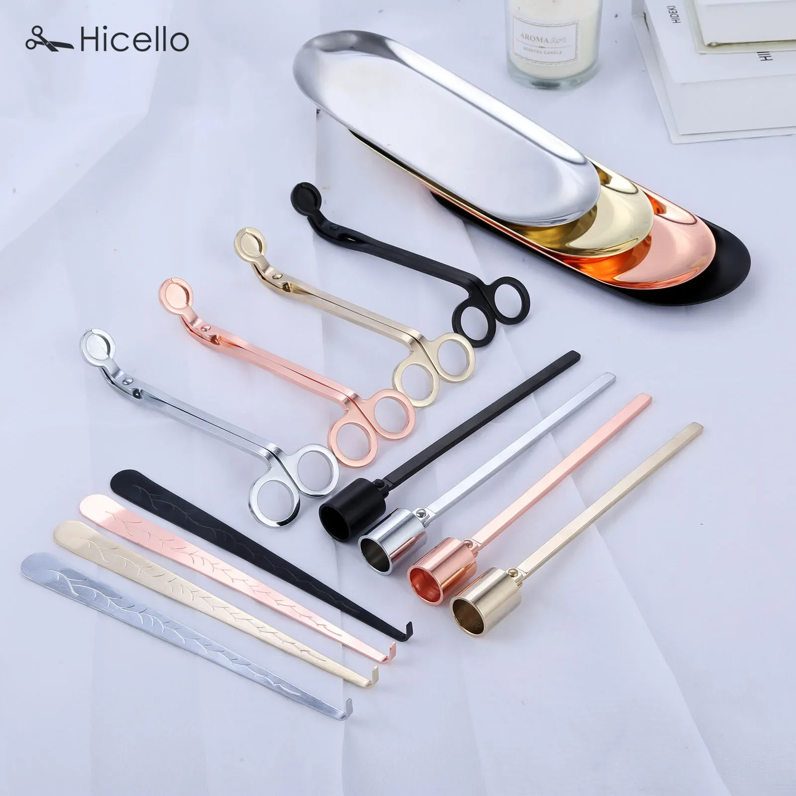 4pcs/set Candle Snuffer Trimmer Hook Tray Luxury Stainless Steel accessory Wick Holder Scissors Home Decoration Rose Gold Silver