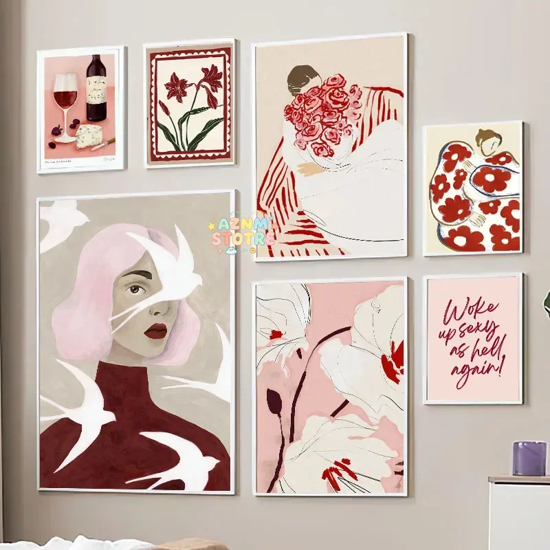 (2D Canvas Painting) Red Fashion Girl Flower Cat Coffee Abstract Posters And Prints Wall Art Canvas Painting Hotel Bar Pictur