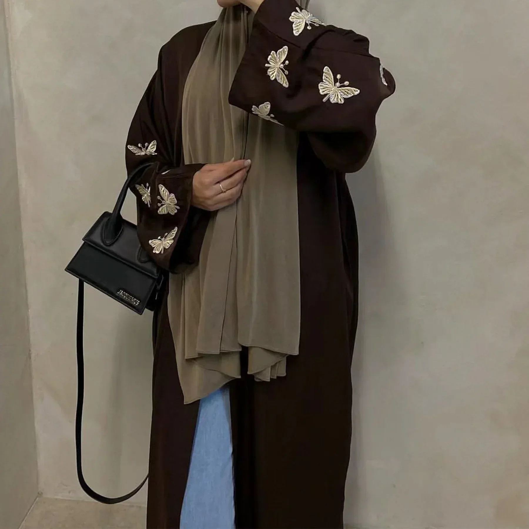 Haft motylkowy otwarty kardigan kimono abaja muzułmańskie abaje dla kobiet dubaj elegancki turcja Kaftan szata Ramadan islamskie ubrania