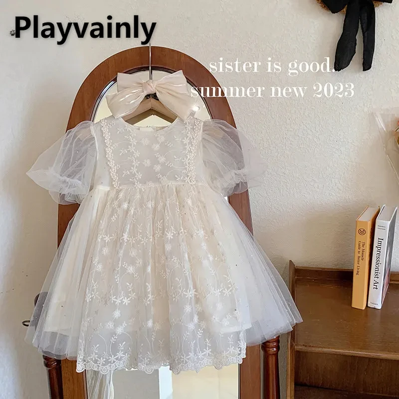 Korean Style New Summer Princess Dress Round Collar Short Sleeves Solid Color Dresses with Lace Children Clothing E23023