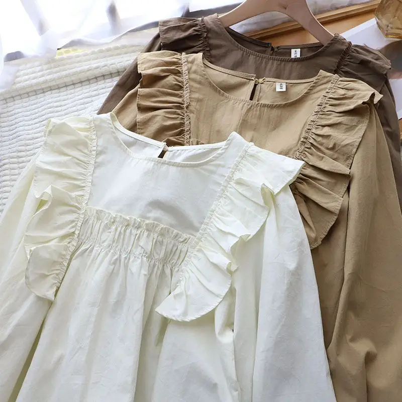 Women Blouses Simple Solid Ruffles Ruched Casual Elegant Korean Style Fashion All-match Comfortable Female Tops Loose Sweet Soft