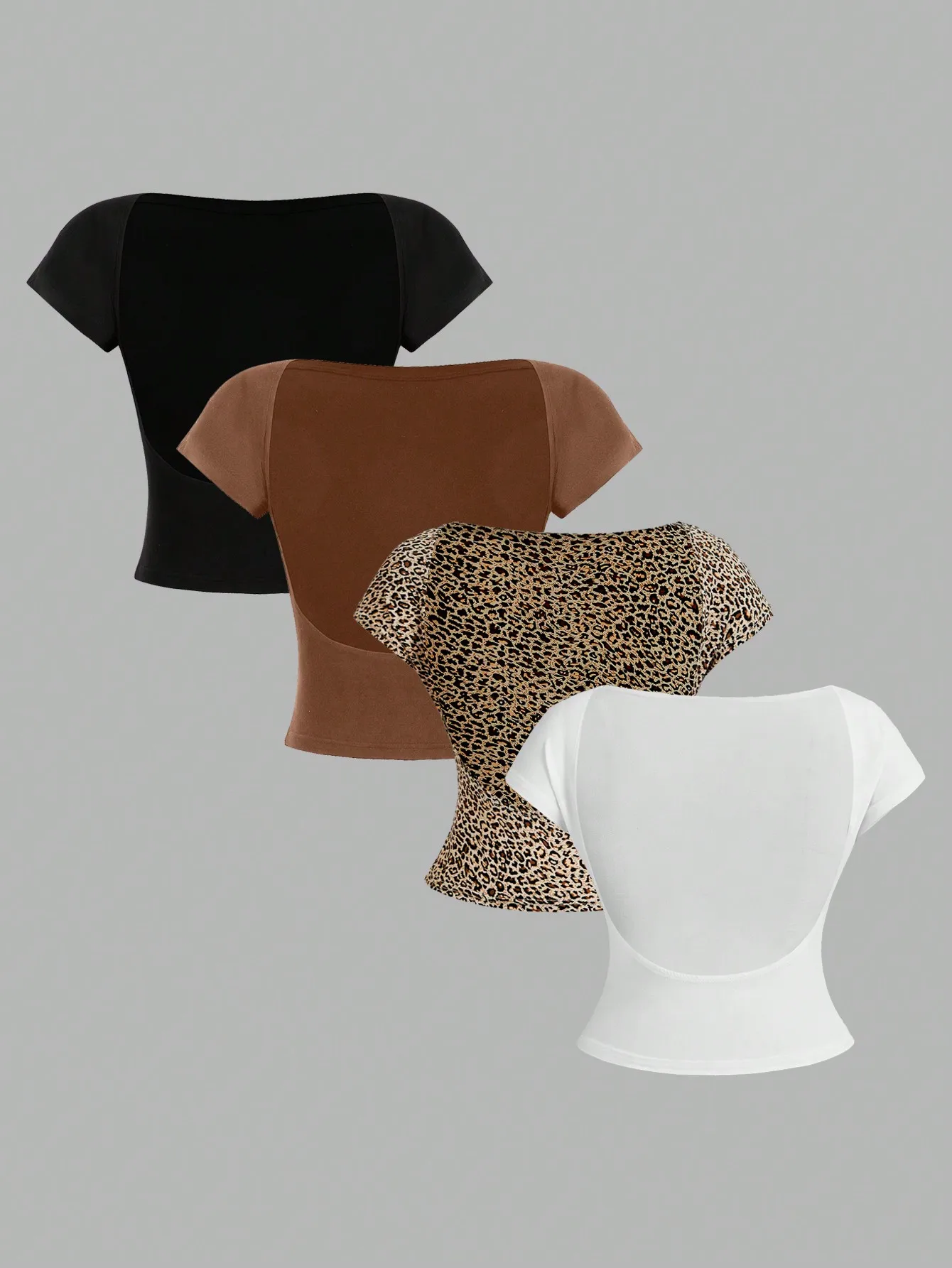 유럽과 미국의 봄, 여름, 가을용 단색 레오파드 프린트 캐주얼 백리스 티셔츠 4종 세트