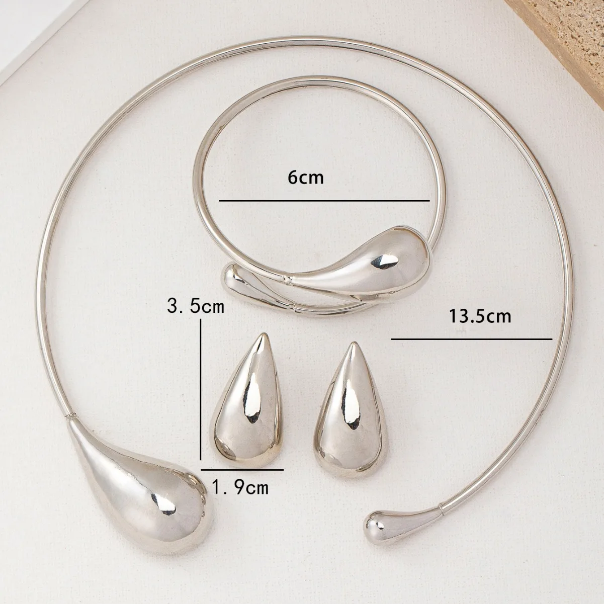 3Pcs Fashion Water Drop Shaped Open Metal Choker Necklace Bracelet Stud Earrings for Women Punk Exaggerated Party Jewelry Sets