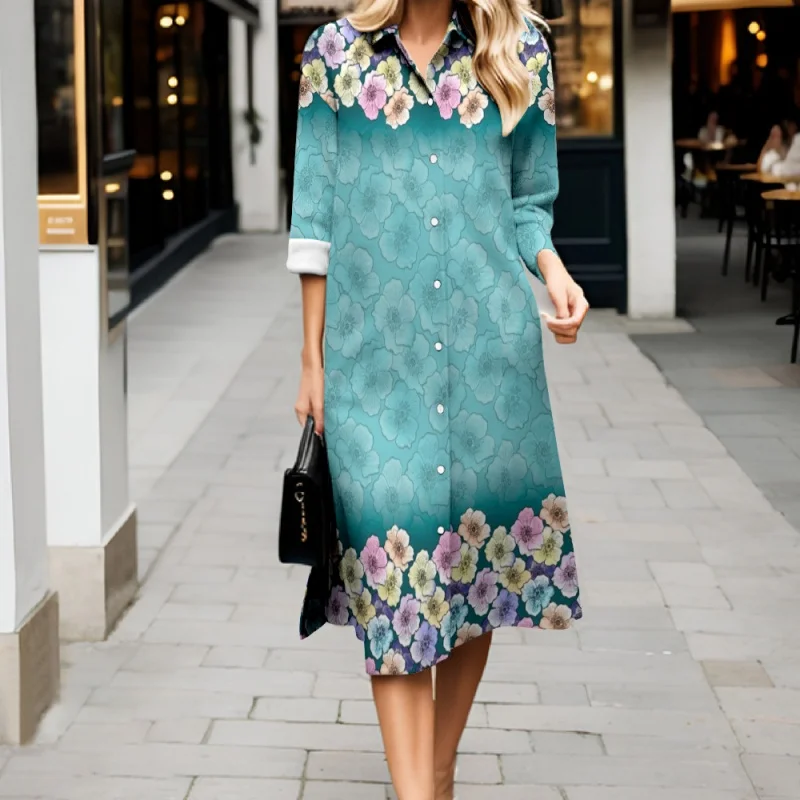 Autumn Floral Print Shirt Dress Women's New Fashion Stand Collar Long Dress Retro Long Sleeve Loose Comfortable Shirt Dress