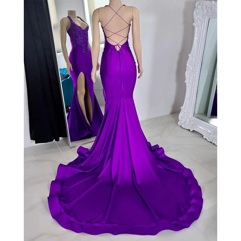 Grape Mermaid Prom Dress for Black Women Beads Covered Formal Evening Dresses Elegant Sweep Train Dresses for Special Occasions