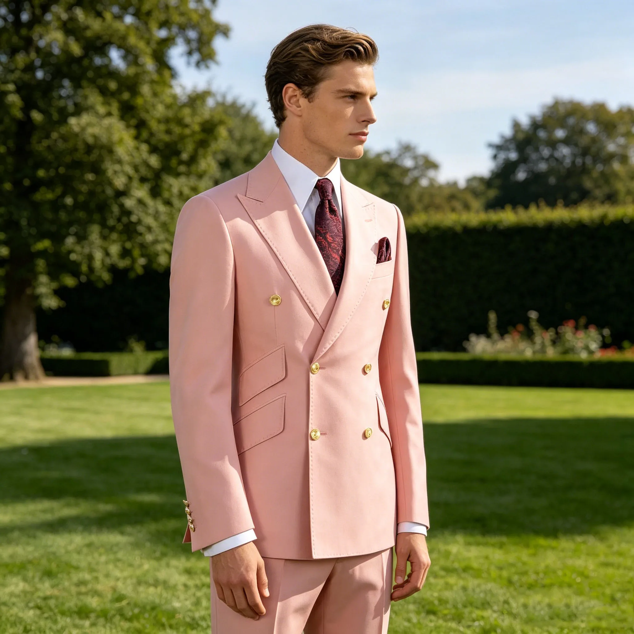 Elegant Men's Suit Blazer Double Breasted Slim Fit Peak Lapel With Gold Buttons Multi Pocket Formal  Jacket For Wedding Groom
