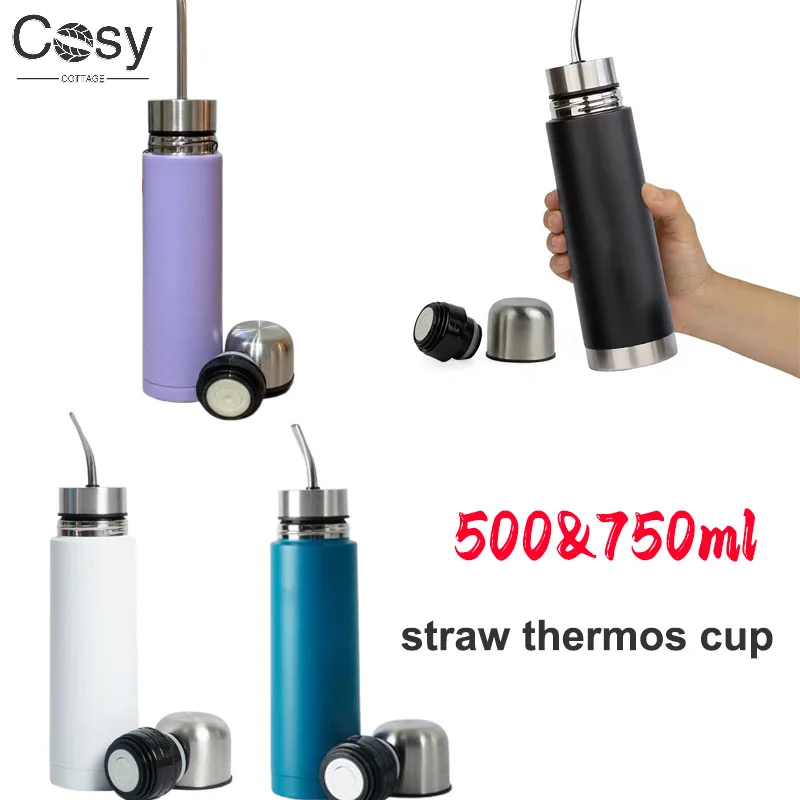 Self-Serving Stainless Steel Vacuum Insulated Water Bottle 2-in-1 Thermal Mate Cup with Built-in Bombilla, 500/750ml Thermos