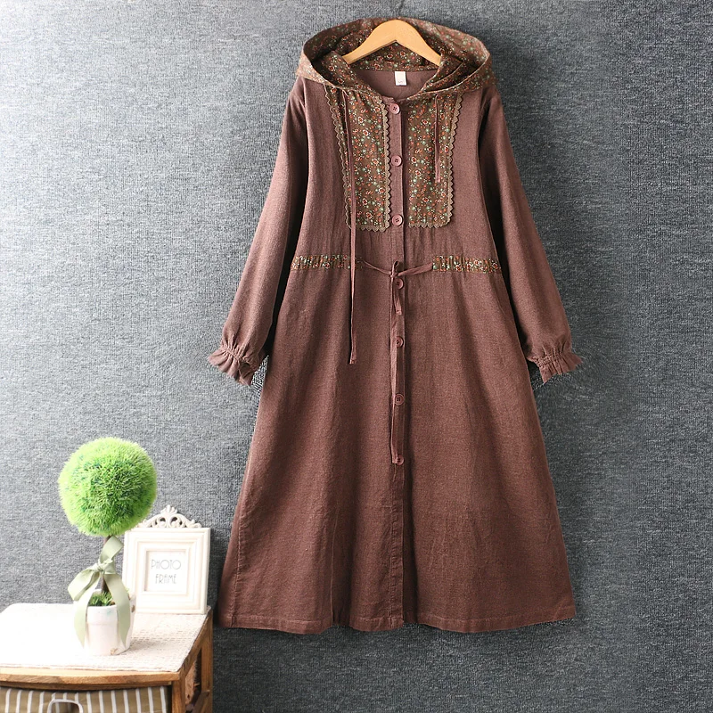 Autumn New Hooded Trench Coat Women Long Sleeve Single Breasted Casual Outerwear Chinese Style Retro Versatile Slim Dress Women