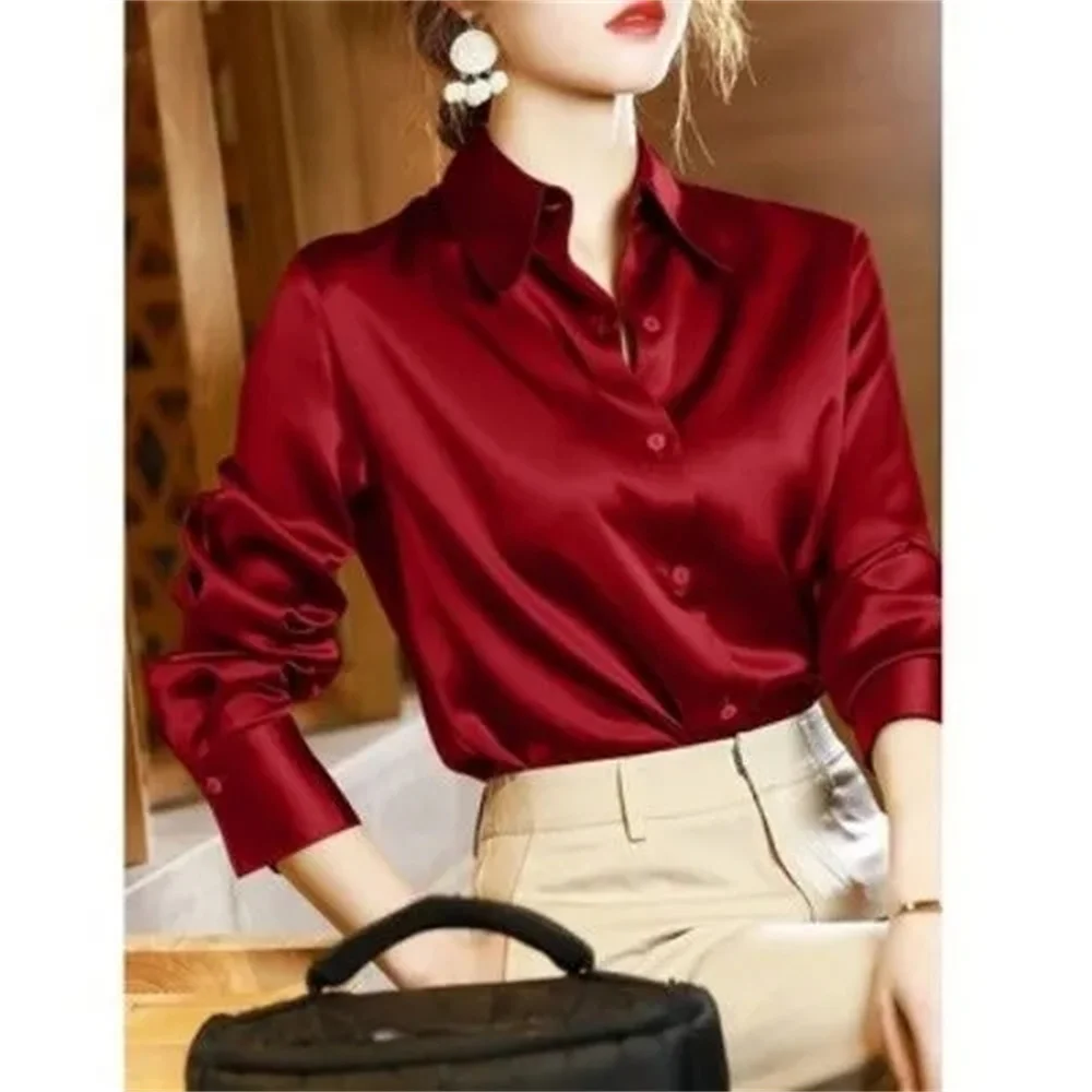 High Quality Shirt Women\'s Summer Drape Thin Style New Long Sleeved Loose Slim Office Luxury Top Silk Satin Blouse