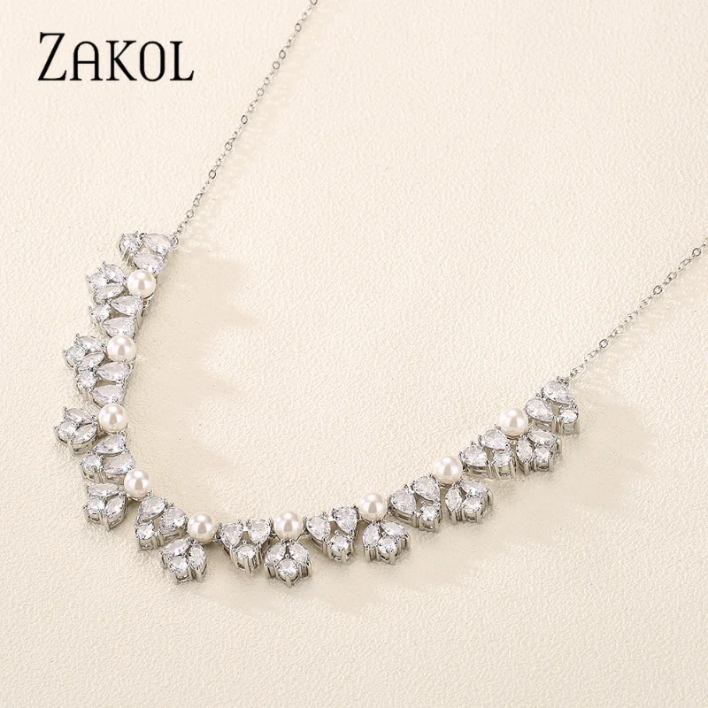 ZAKOL Elegant Luxury Imitation Pearls & Leaf Cubic Zirconia Earrings Necklace Jewelry Sets for Women Wedding Dress