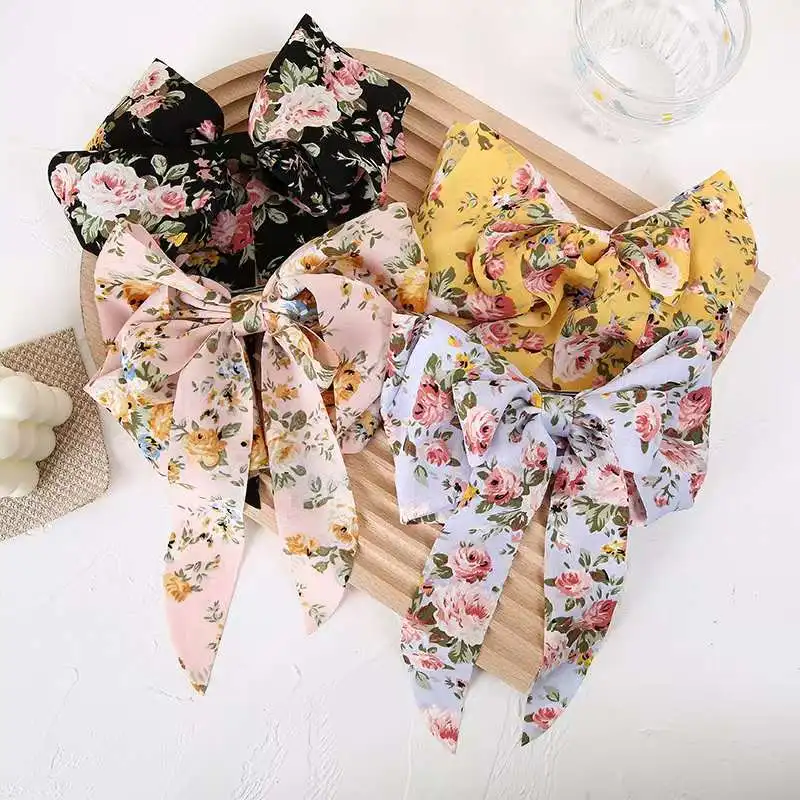 New Korean Print Bowknot Barrettes Pring Chiffon Ribbon Silk Hair Clip Princess Headwear Accessories Streamer Riband Hairpin