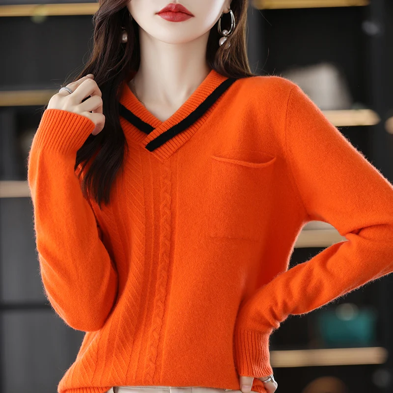 

Women's Sweater 2024 New Fashion V-Neck Knitted Jumper 100% Pure Wool Cashmere Sweater Woman Casual Pullovers Long Sleeve Tops