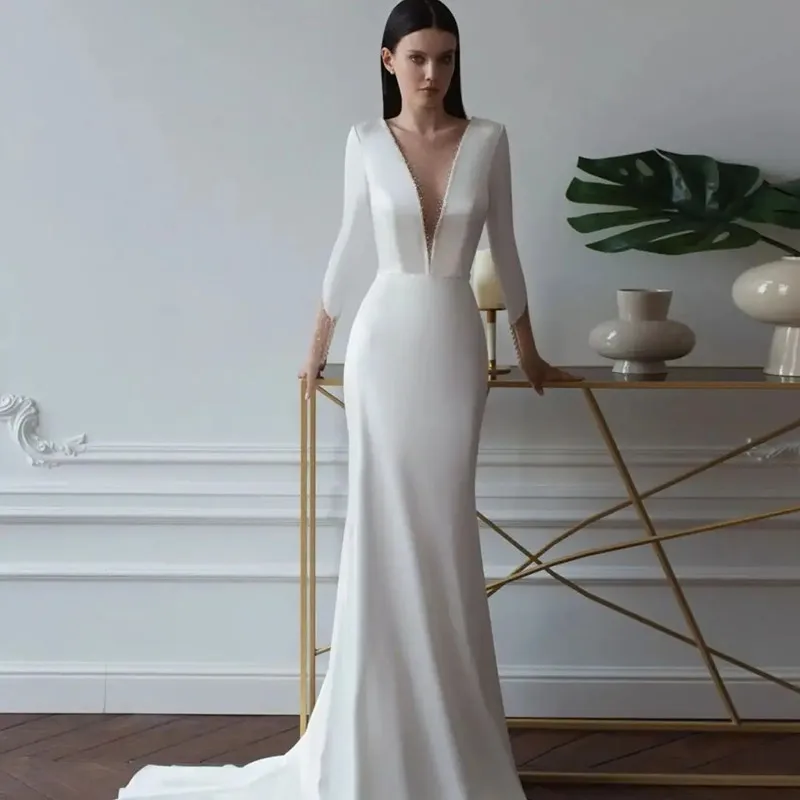 

Customized Modern Mermaid Wedding Dress Sexy Deep V-Neck Full Sleeve Long Dresses Pleat Beaded Backless Button Gown Dresses 2024