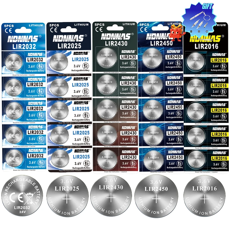 3.6V LIR2032 LIR2025 LIR2016 LIR2430 LIR2450 Rechargeable Lithium Button Battery CR2032 CR2025 CR2016 CR2430 CR2450 For Watches