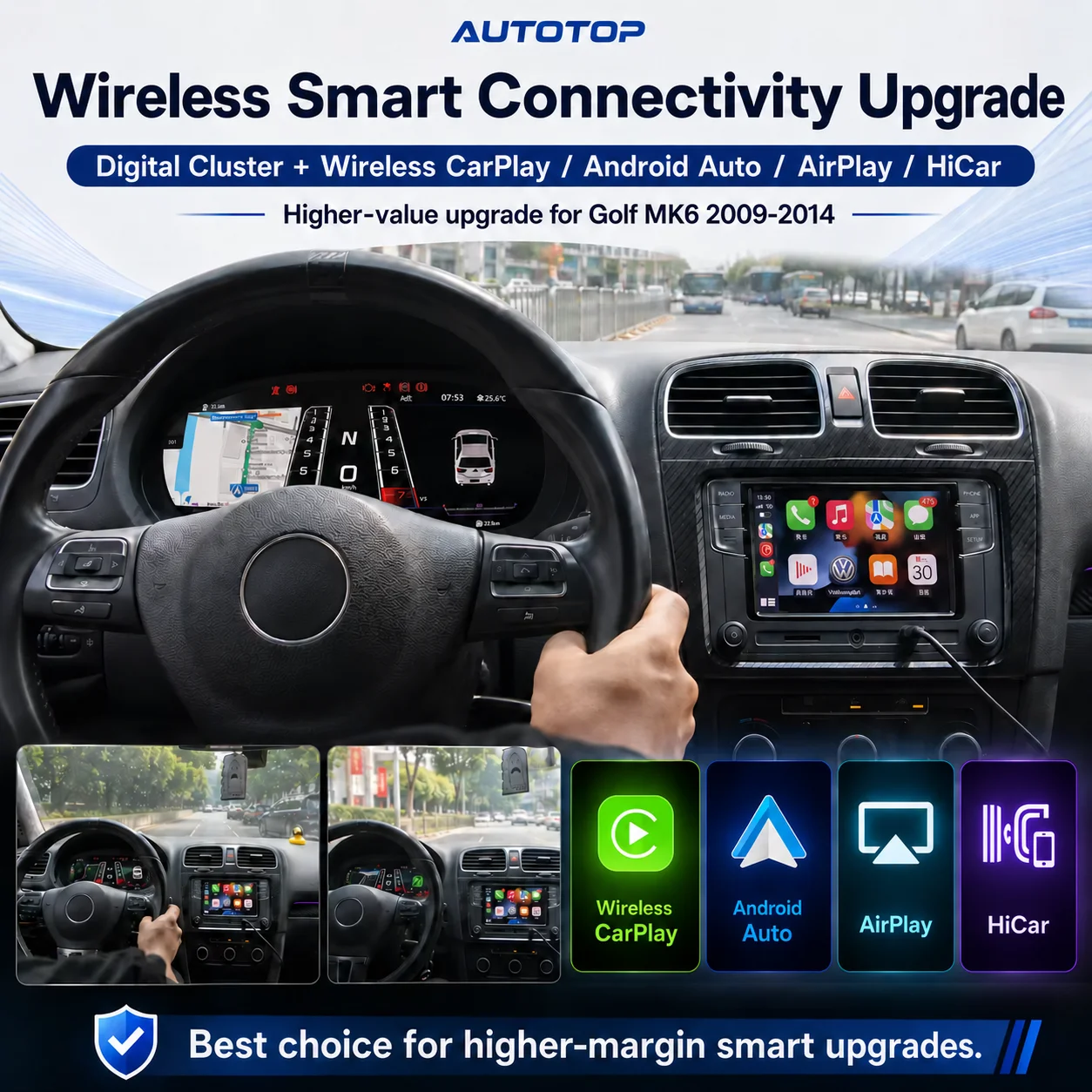 AUTOTOP, tableau de bord numérique 10,25" pour Volkswagen VW Golf 6 MK6 Sharan 2009-2016, écran LCD 1920x720P, cockpit virtuel, CarPlay Android Auto sans fil, AirPlay HiCar sans fil, sortie HDMI, plusieurs thèmes d'interface utilisateur, écran clair, affichage des données de conduite, mise à niveau du tableau de bord d'origine.