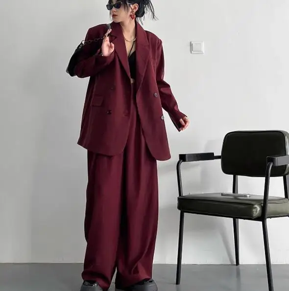 

SuperAen European and American Style Loose Women's Autumn New Double-breasted Coat High Waist Long Straight Pants Two-piece Set