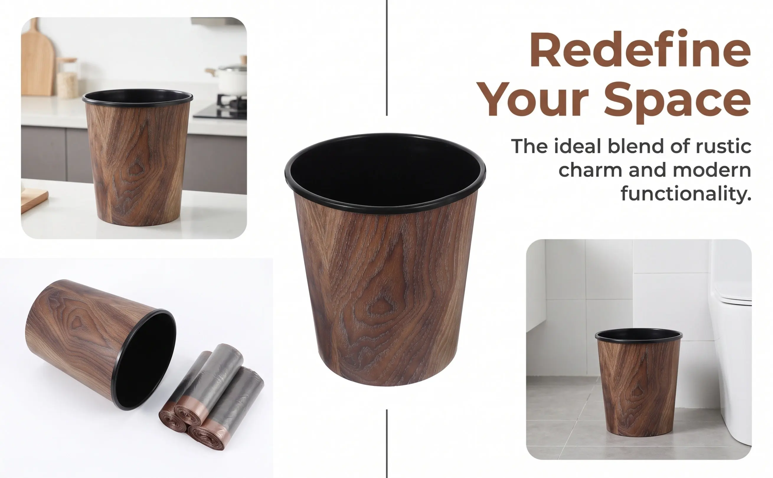 Compact Plastic Waste Basket with Realistic Wood Grain Texture Modern Trash Can for Home Office Desktop Storage Tidy