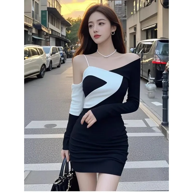 المرأة السترة مائلة الكتف واحد الكتف المتناقضة اللون مثير J-bag الورك فستان قصير قصير