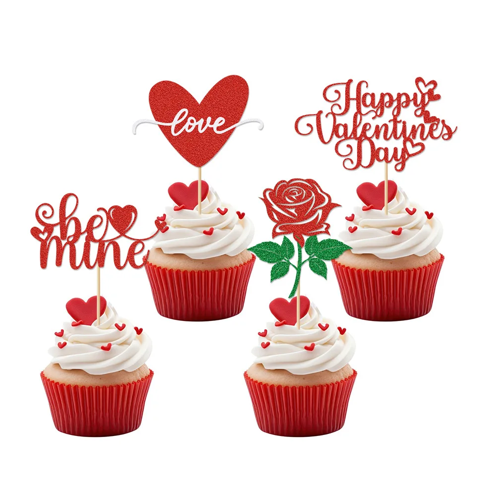 12PCS Happy Valentine\'s Day Cupcake Toppers Glitter Sweet Love Be Mine Valentines Cupcake Cake Decorations Supplies