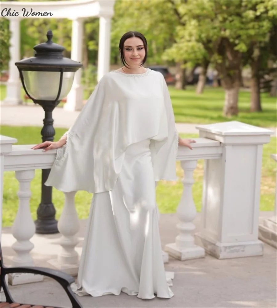 Robe de Mariée Arabe à Manches sulfet Col Rond, Caftan Moderne Perlé de Style Moyen-Orient et Dubaï, pour les Patients de Pays, Quelle que soit la Taille Plus, à Personnaliser