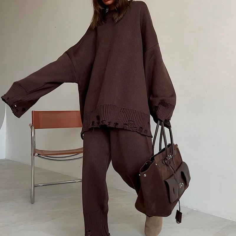 Mode déchiré tricoté solide ensemble élégant col rond pull et pantalon Long pull tenues femmes décontracté à manches longues ample 2 pièces costume