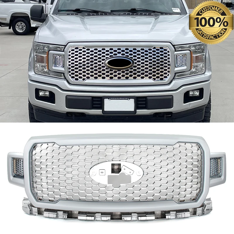 Honeycomb Front Radiator Grille Assembly Modified Grill Replace For 2018-2020 Ford F-150 Frount Bumper Upper Grille Chrome&Black