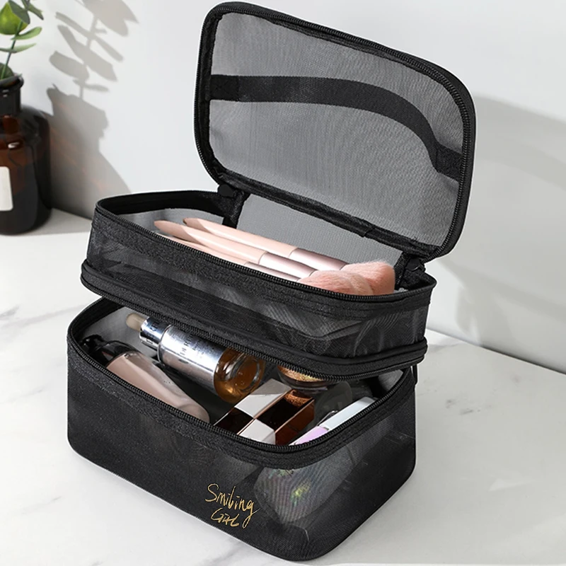 Estuche organizador de maquillaje de malla negra de gran capacidad, bolsa de almacenamiento informal con cremallera, bolsas de aseo para maquillaje,